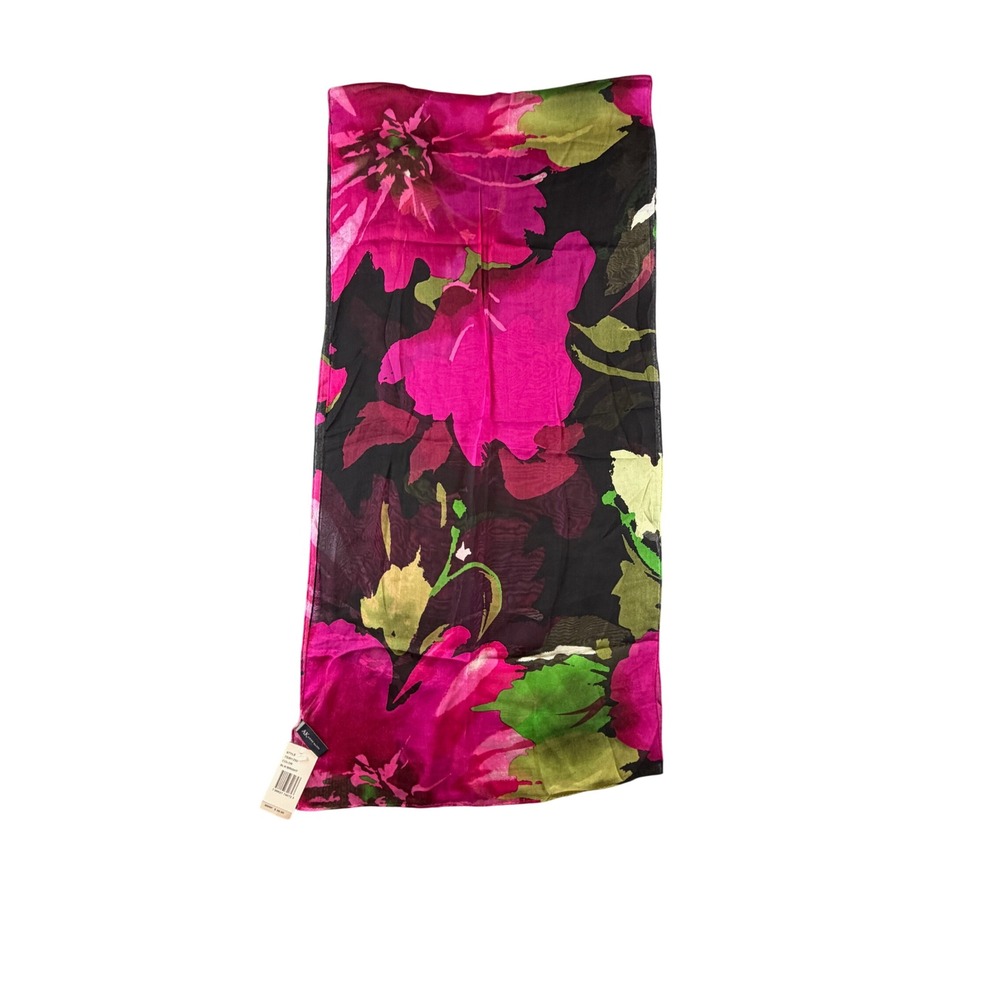 Anne Klein Floral Scarf Bright Pink Green Black Oblong Sheer NWT 73301230